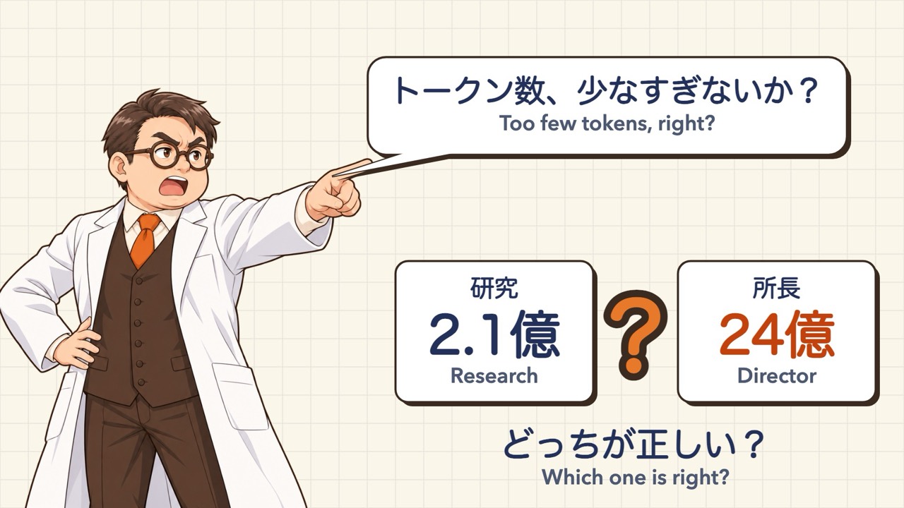 The Director points: “Too few tokens, right?” The study: 210 million. The Director: 2.4 billion. Which one is right?